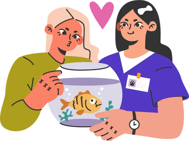 Los dueños de mascotas visitan una clínica médica para cuidar la salud de los peces  Ilustración