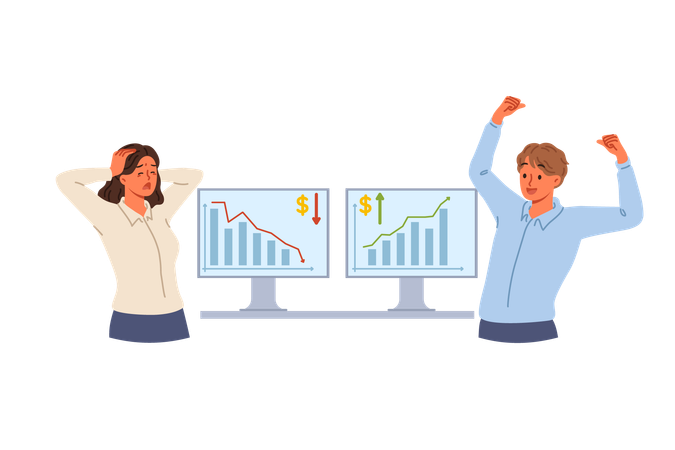 Los empleados de la Bolsa de Valores experimentan fuertes emociones cuando pierden y obtienen beneficios de sus inversiones.  Ilustración