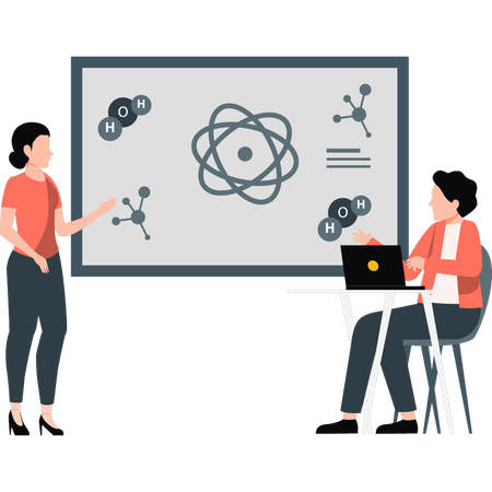 Los empleados discuten sobre la estructura molecular.  Ilustración