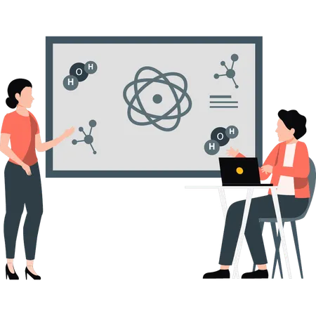 Los empleados discuten sobre la estructura molecular.  Ilustración