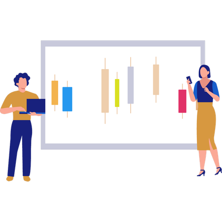 Los empleados están discutiendo el gráfico de negocios.  Ilustración