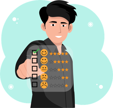 Los empresarios están tocando la pantalla virtual en el ícono de la cara sonriente feliz para brindar satisfacción en el servicio  Illustration