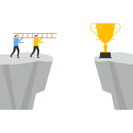 Los equipos empresariales utilizan escaleras para dar paso a los trofeos  Ilustración
