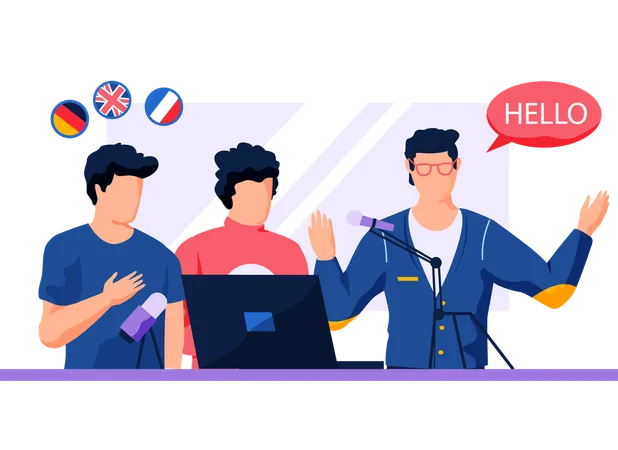 Los extranjeros se comunican en inglés mientras trabajan juntos  Ilustración