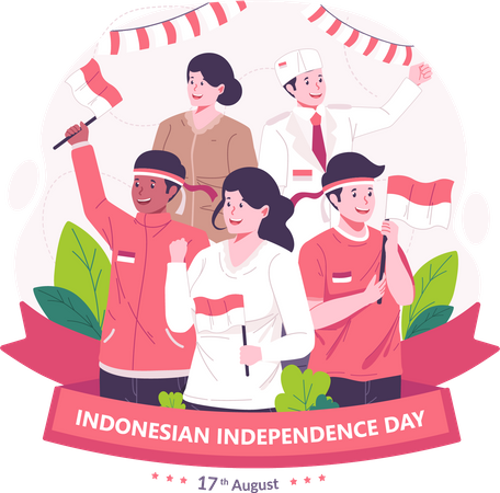 Los jóvenes celebran el día de la independencia de Indonesia sosteniendo la bandera roja y blanca de Indonesia.  Ilustración