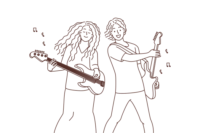 Los músicos disfrutan tocando la guitarra.  Ilustración