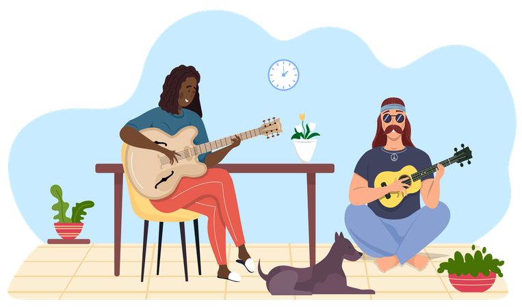 Los músicos tocan la guitarra juntos  Ilustración