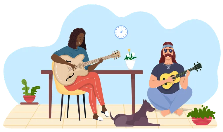 Los músicos tocan la guitarra juntos  Ilustración