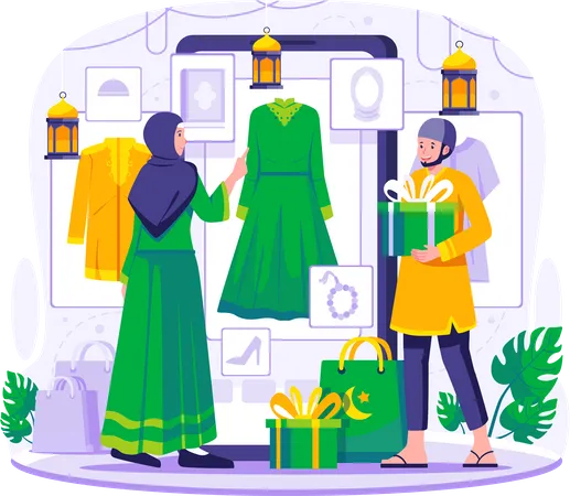 Los Musulmanes Compran En Linea A Traves De Un Gran Telefono Inteligente Una Mujer Elige Ropa Musulmana En Una Tienda Online Ilustracion Del Concepto De Compras Y Venta De Ramadan Ilustración
