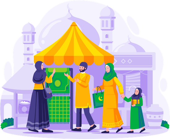 Los musulmanes están de compras en un mercado callejero tradicional  Ilustración