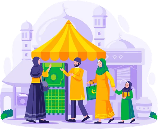 Los musulmanes están de compras en un mercado callejero tradicional  Ilustración