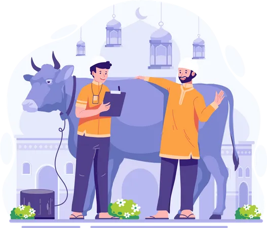 Los musulmanes están preparando una vaca para ser sacrificada por el Qurban en Eid Al-Adha  Ilustración