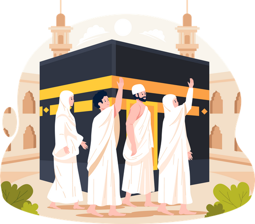 Los musulmanes hacen Tawaf o caminan por la Kaaba en La Meca  Ilustración