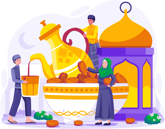 Los musulmanes rompen la fiesta Iftar después del ayuno durante el Ramadán  Ilustración