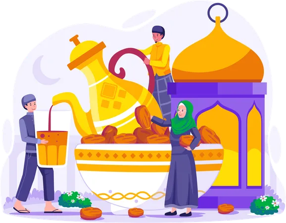 Los musulmanes rompen la fiesta Iftar después del ayuno durante el Ramadán  Ilustración