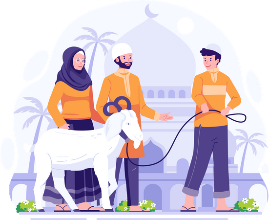 Los musulmanes traen una cabra para el Qurban o sacrificio en Eid Al Adha  Ilustración