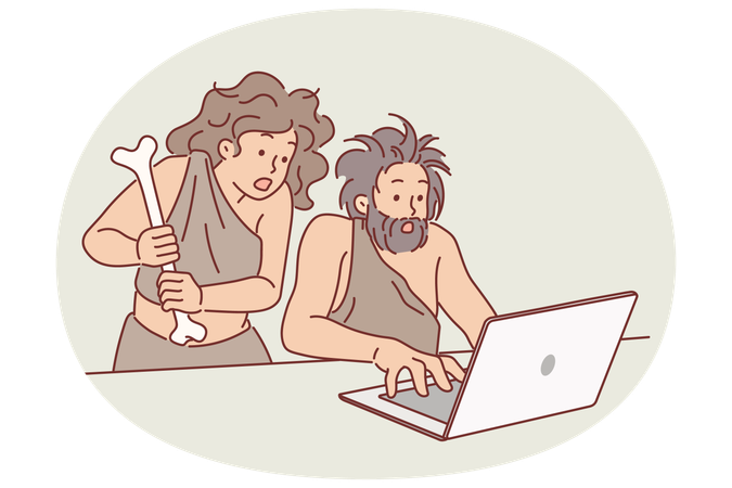 Los neandertales usan una computadora portátil y se sorprenden al aprender nuevas tecnologías  Ilustración