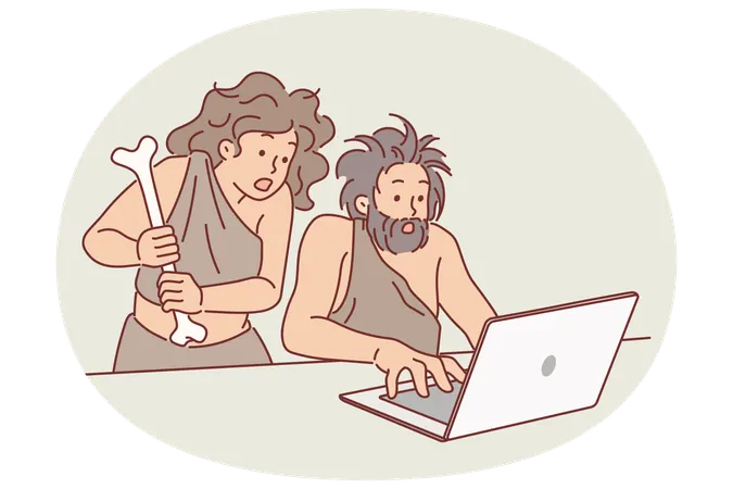 Los neandertales usan una computadora portátil y se sorprenden al aprender nuevas tecnologías  Ilustración