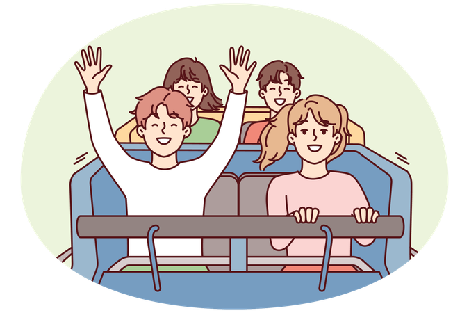 Los niños adolescentes alegres suben a la montaña rusa y levantan las manos sonriendo mientras disfrutan de la alta velocidad.  Ilustración