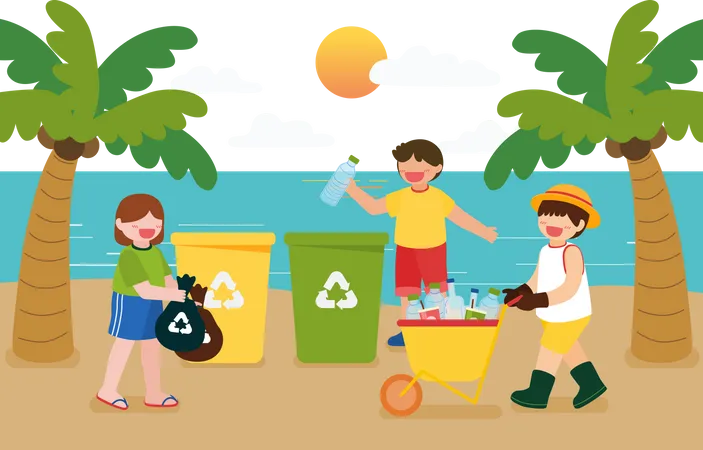 Los niños ayudan a recoger residuos reciclados  Ilustración