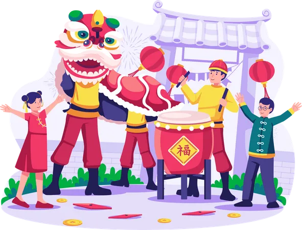 Los niños celebran el año nuevo lunar chino con la danza del león  Ilustración
