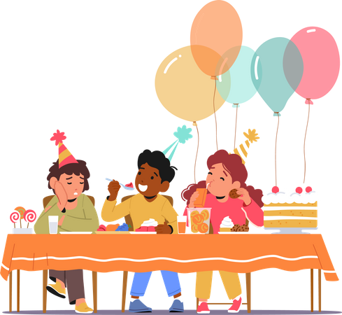 Los niños celebran cumpleaños con pastel y globos  Ilustración
