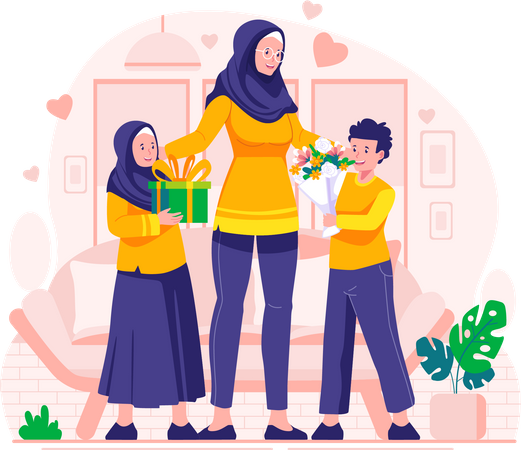 Los niños regalan flores y regalos a la madre en el Día de la Madre  Ilustración