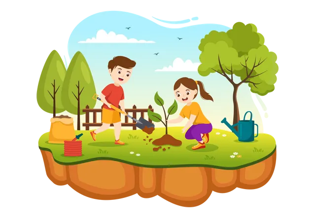 Los niños disfrutan de la plantación.  Ilustración