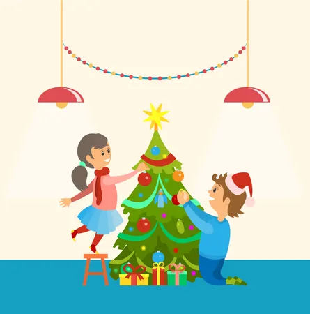 Los niños están decorando el árbol de Navidad.  Ilustración