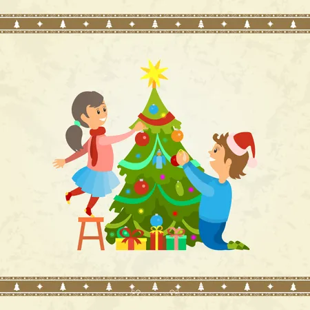 Los niños están decorando el árbol de Navidad.  Ilustración