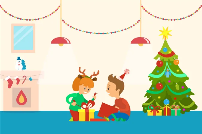 Los niños decoran el árbol de Navidad y abren sus regalos.  Ilustración