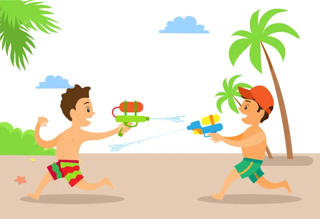 Los niños disfrutan con una pistola de agua en la playa.  Ilustración