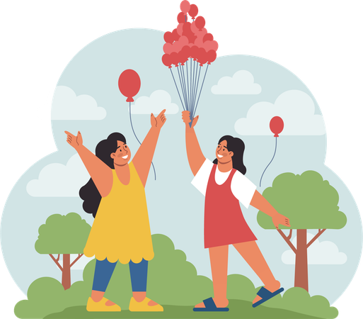 Los niños disfrutan de globos en el parque.  Illustration