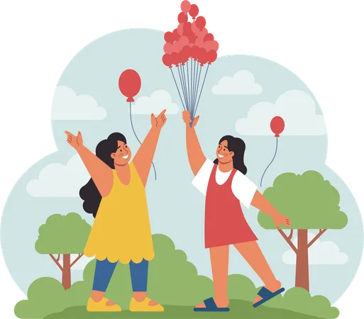 Los niños disfrutan de globos en el parque.  Illustration