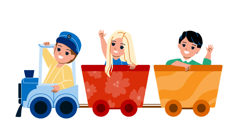 Los niños disfrutan en el tren de juguete.  Ilustración