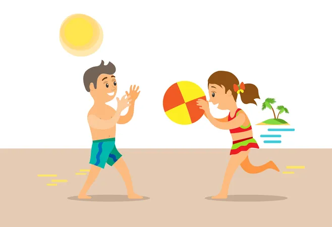 Los niños juegan a la pelota en la playa.  Ilustración