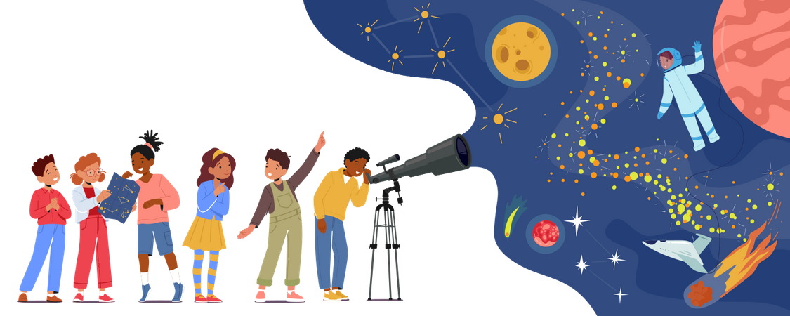 Los niños exploran el espacio exterior a través de un telescopio  Ilustración