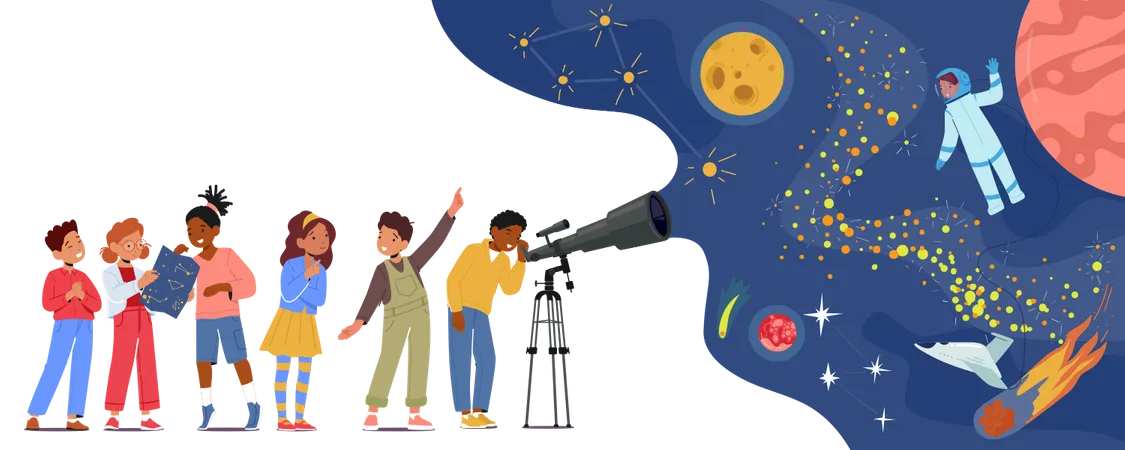 Los niños exploran el espacio exterior a través de un telescopio  Ilustración