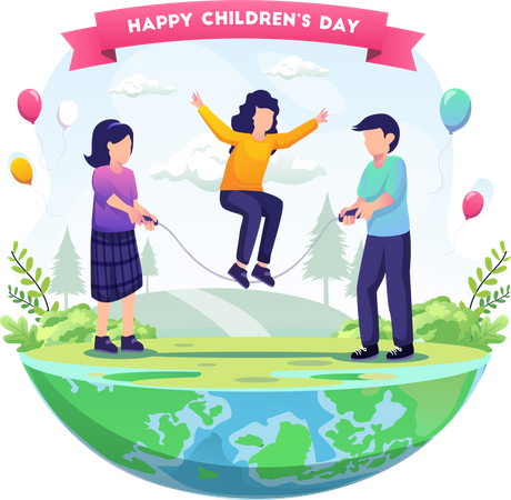 Los niños juegan a saltar la cuerda para celebrar el día mundial del niño  Ilustración