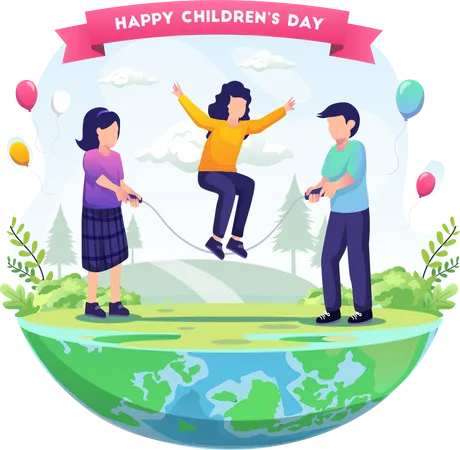 Los niños juegan a saltar la cuerda para celebrar el día mundial del niño  Ilustración