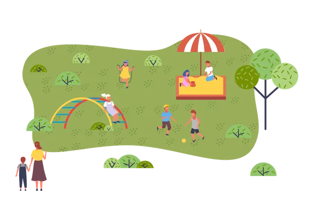 Los niños juegan en el patio de recreo.  Ilustración