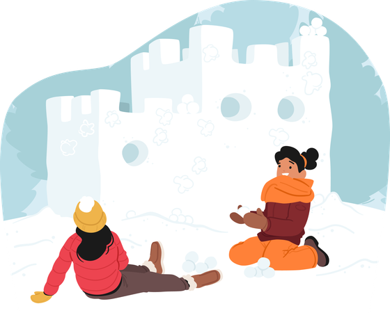 Los niños participan alegremente en peleas de bolas de nieve  Ilustración