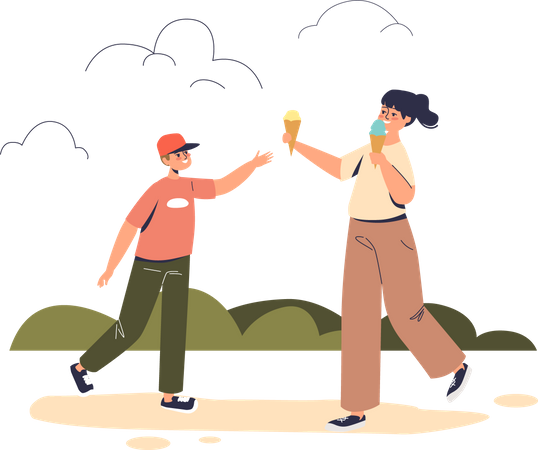 Los niños pequeños comen helado mientras caminan al aire libre  Ilustración