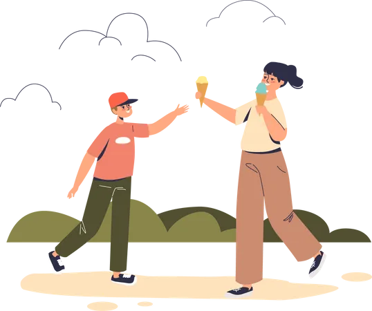 Los niños pequeños comen helado mientras caminan al aire libre  Ilustración