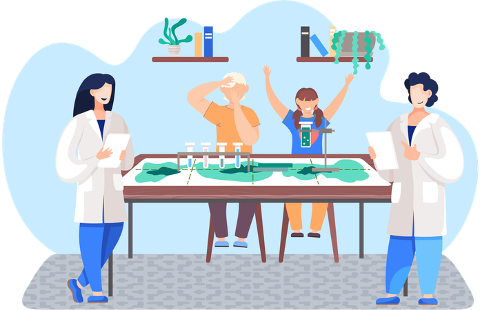Los niños realizan un experimento con reactivos en casa.  Ilustración