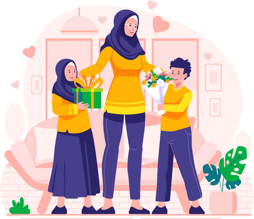 Los niños regalan flores y regalos a la madre en el Día de la Madre  Ilustración