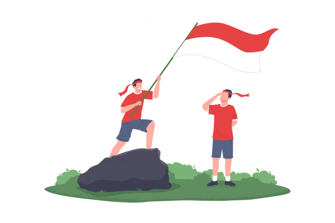Los niños saludan la bandera de Indonesia  Ilustración
