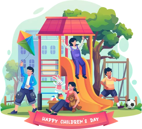 Los niños se divierten en el patio de recreo.  Ilustración