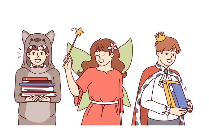 Los niños se visten con personajes de cuentos de hadas.  Ilustración
