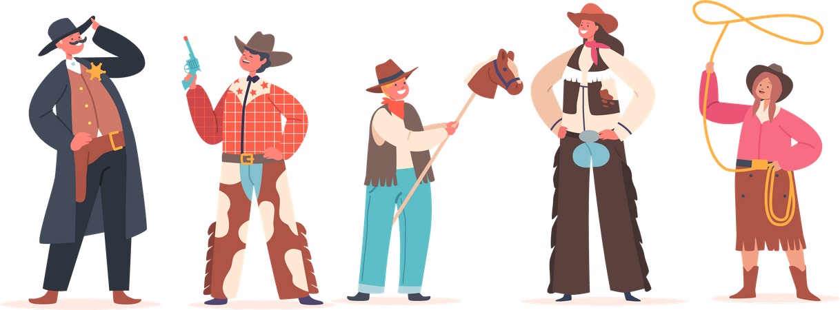 Los niños vaqueros visten trajes y sombreros tradicionales del Lejano Oeste  Ilustración